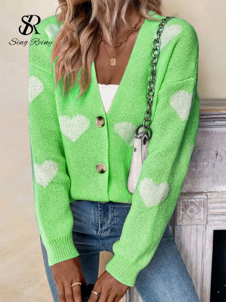 Sweet Love Knitted Cardigan Women 2026 Spring, Summer,  Autumn V-neck Print Warm Sweaters Long Sleeve Casual Loose Knitted Tops