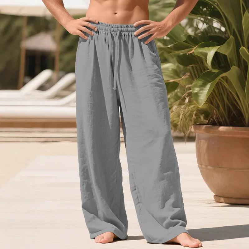 Men's Beige Linen Pants Casual Pants Summer Loose Fit Elastic Waist Straight Leg Pants Lightweight Casual Home Lounge Wear