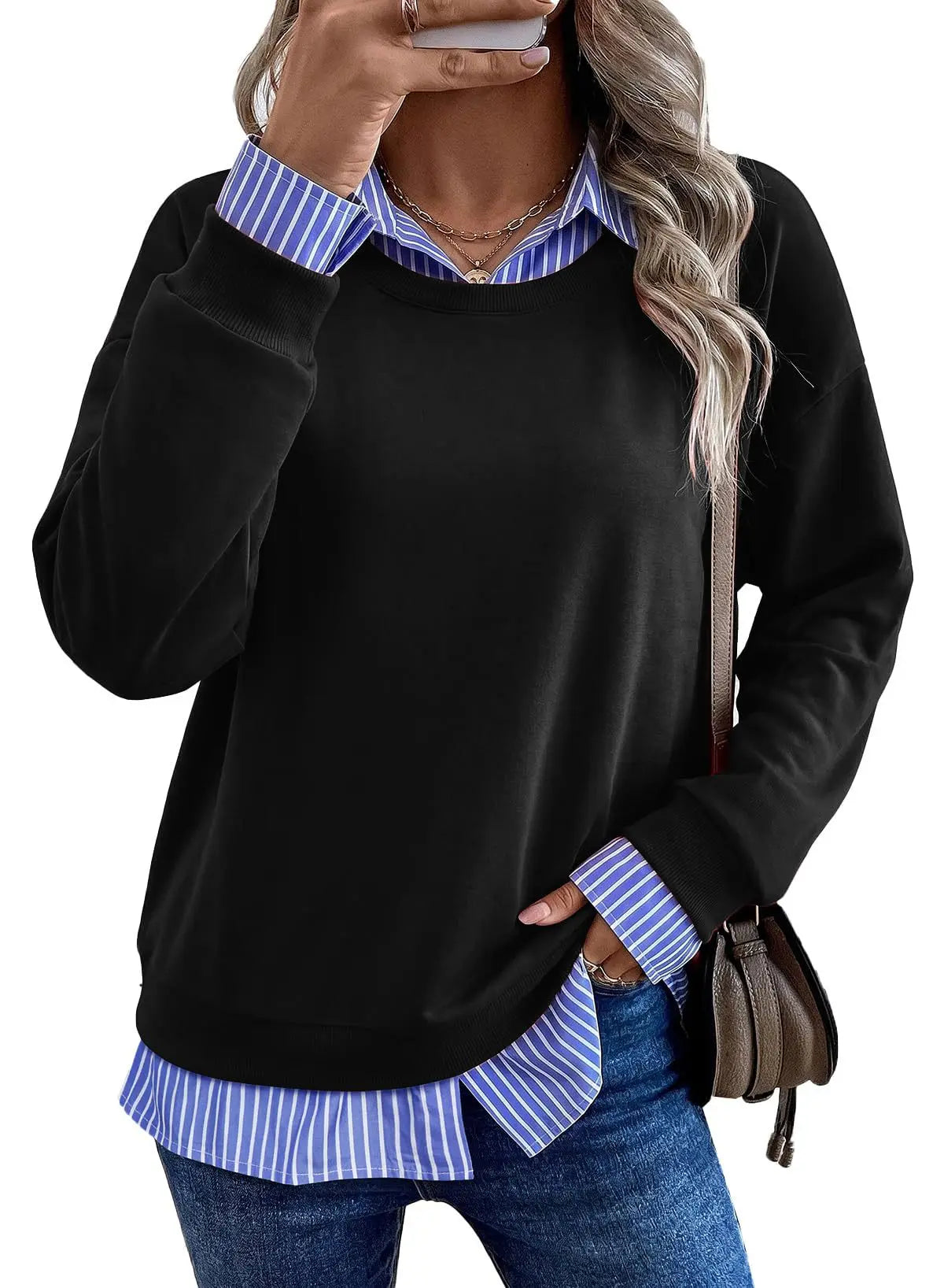 Women's Casual Fake Two Piece Sweatshirt Contrast Collar Striped Patchwork Long Sleeve Crewneck Pullover Top Spring, Autumn, Winter