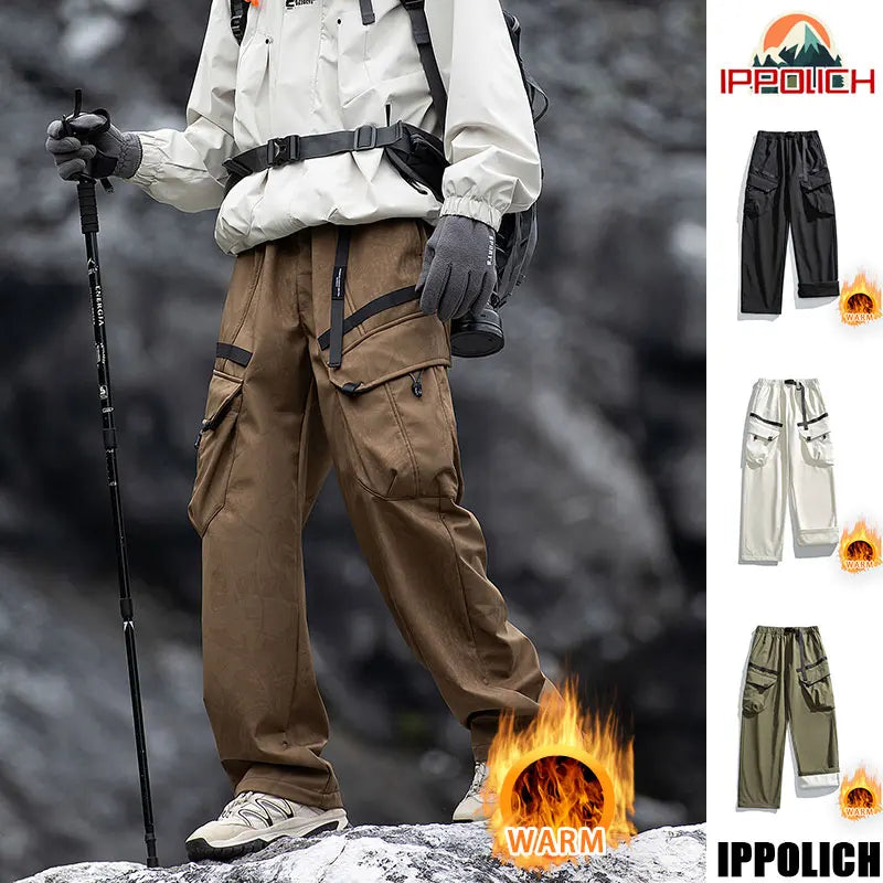Winter Hiking Pants Men Outdoor Fleece Waterproof Windproof Mountaineering Trousers With Belt Large Pocket Camping Trekking Pant