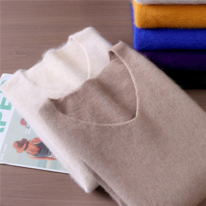 Fall/Winter Fashion Mink Cashmere Women's V-neck Pullover Bottom Shirt Slim Knitted Sweater Short Plus Size