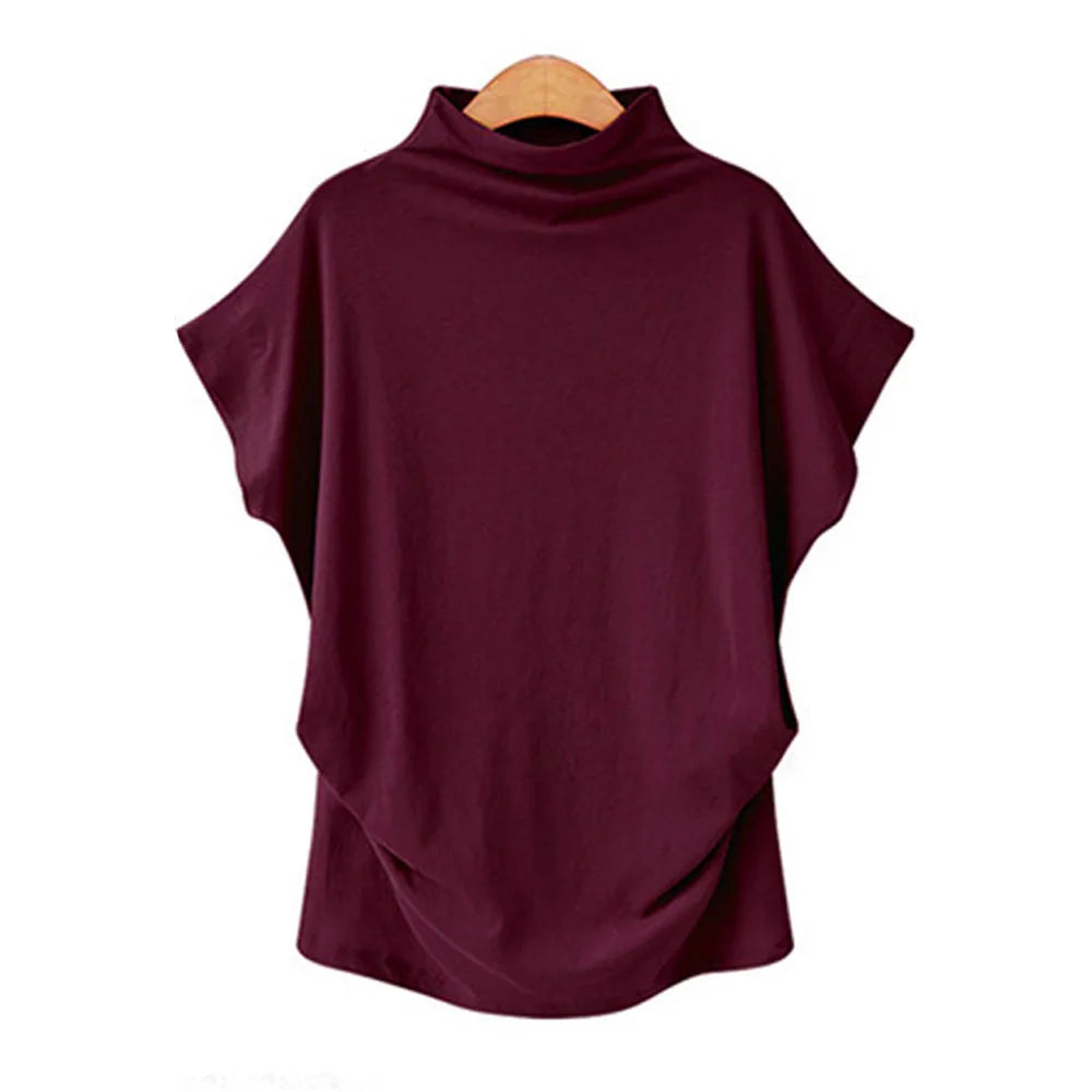 Women's Retro Solid Color T-Shirt Summer Turtleneck Short Sleeve Tees Fashion Loose Streetwear Female Pleated Top