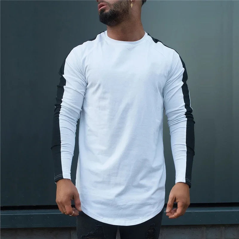 Plain Bodybuilding Sport Shirts Breathale Cotton Long Sleeve Tops Gym Fitness T-Shirts Slim Fit Contrast Color Hip Hop Clothing