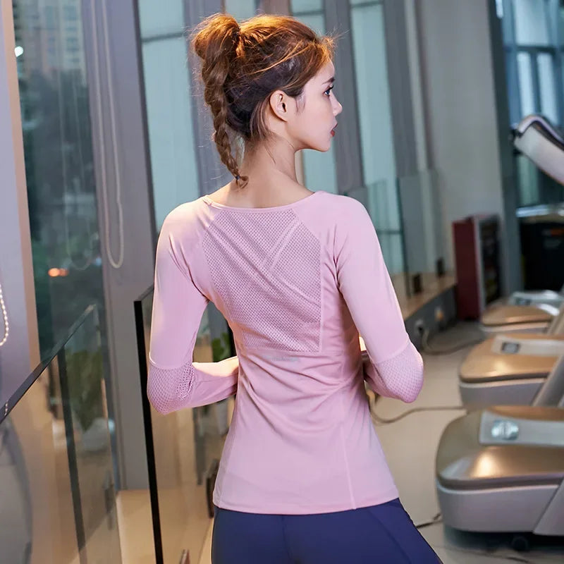 Women Slim Yoga Shirts Long Sleeves Sports Shirts Mesh Breathable Running Sweatshirts Quick Dry Gym Fitness Tops Blouse Female