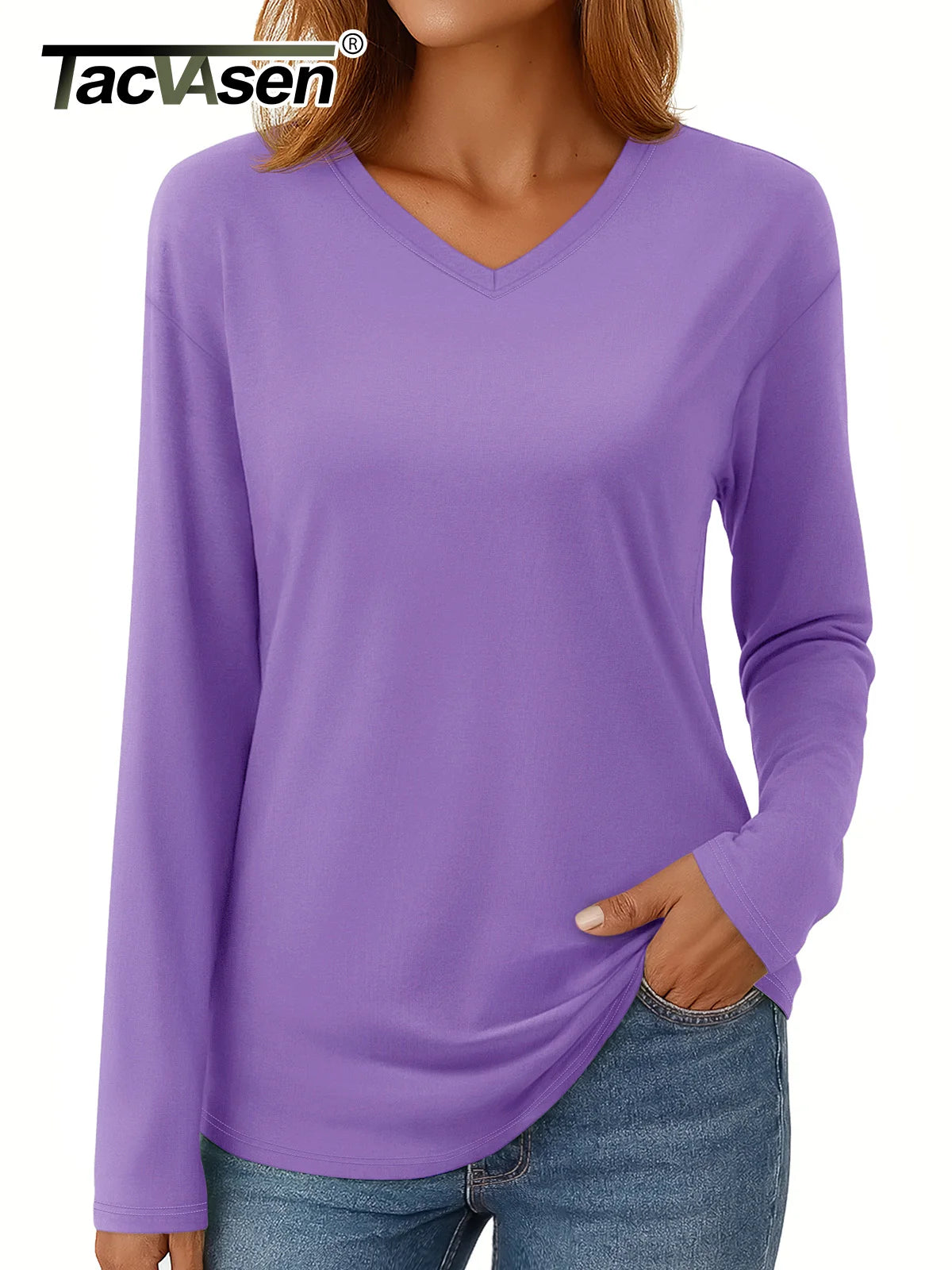 Women‘s Solid Color Drop Shoulder Breathable Cotton Shirts V Neck Casual Basic Tops Loose Fit Long Sleeve Tees