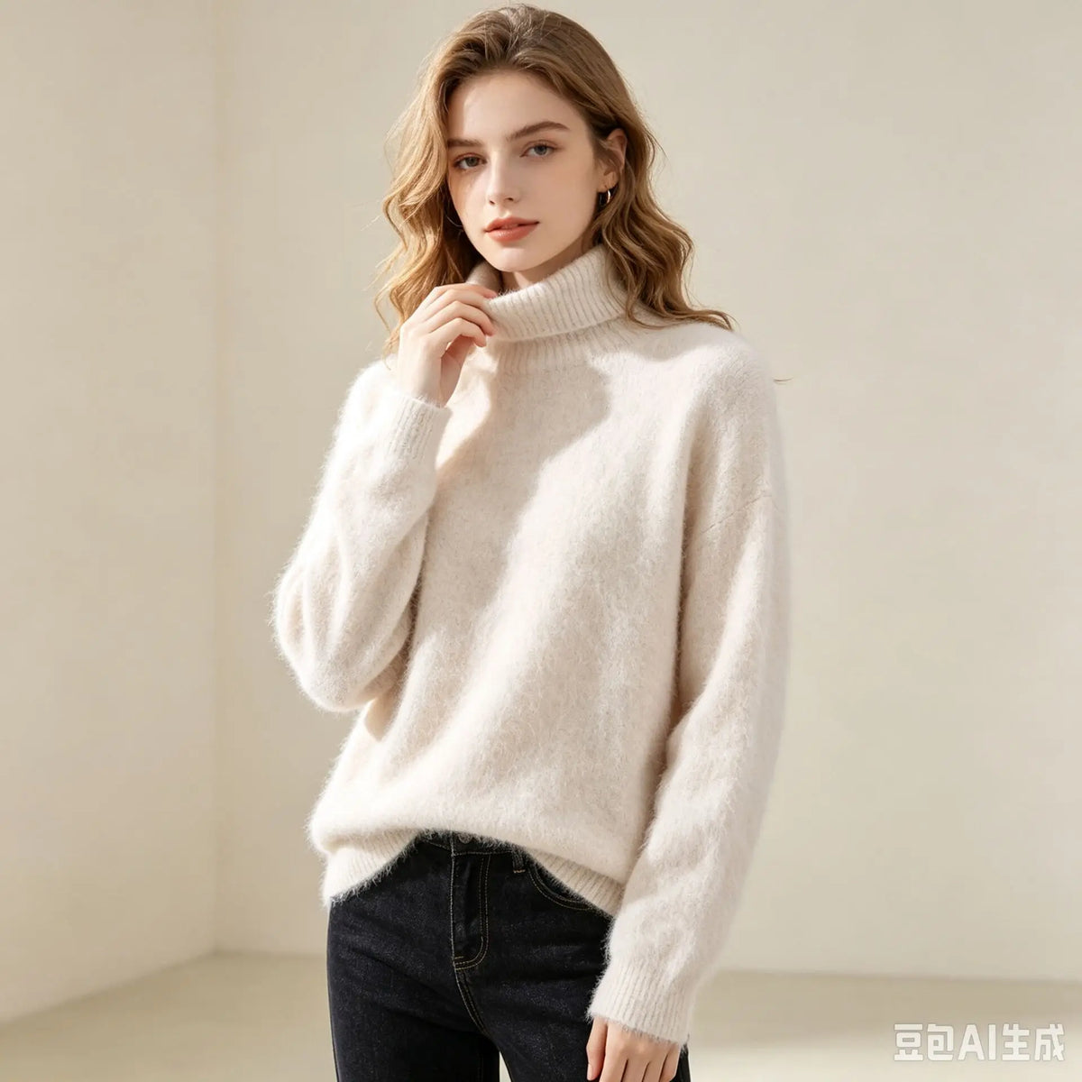 High End Mink Fur Sweater, Women's Solid Color High Collar Pullover, Cashmere Warm Sweater, Knitted Base Sweater, Autumn Winter