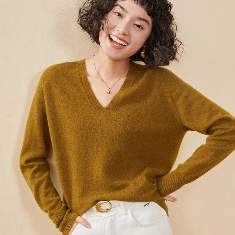 Autumn And Winter New Women's Cashmere Sweater 100% Pure Cashmere V-neck Knitted Pullover Long Sleeved Hot Selling Women's Top