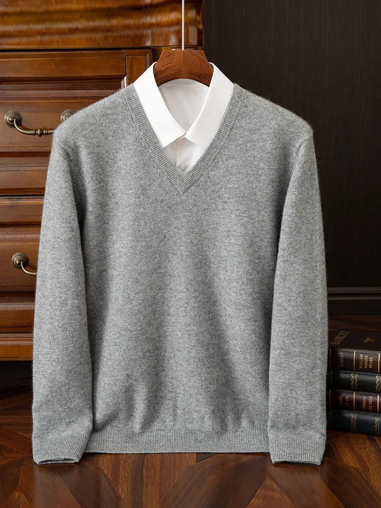 Fashion Men's 100% Cashmere Pullover Sweater V-neck Long Sleeve Thick Pullover Autumn Winter Smart Casual Cashmere Knit Clothing