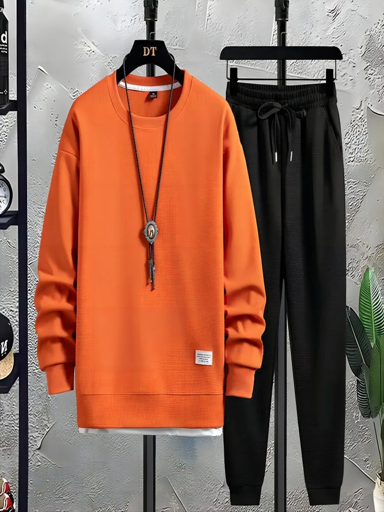 2026 Spring and Autumn New Men's Fashion Brand Round Neck Waffle Set Casual and Handsome Sports Two Piece Set