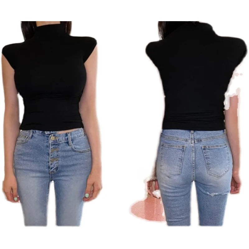 Summer New Sle Dongda Gate High Collar Slim Fit Retro Bodycon Vest T-irt Cotton Fabric No Sve Regular Length Women's Top