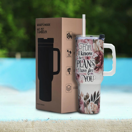 Floral Christian Tumbler 40oz，Vacuum Insulated Stainless Steel Cup with Lid & Handle, Bible Verse Print, Wide Mouth Gift