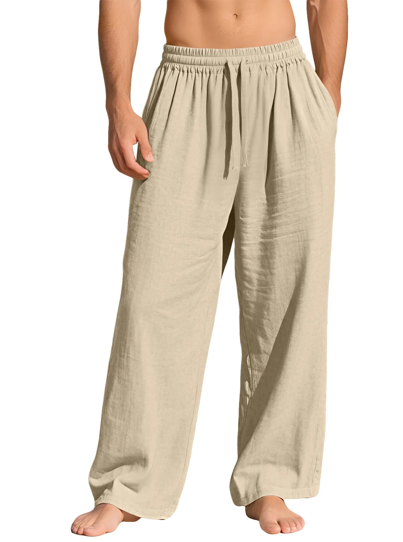 Men's Beige Linen Pants Casual Pants Summer Loose Fit Elastic Waist Straight Leg Pants Lightweight Casual Home Lounge Wear