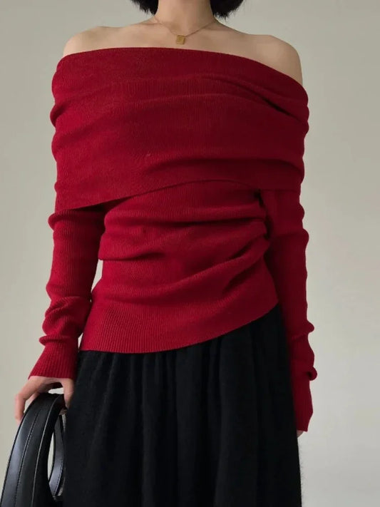 2026 Elegant Vintage Knitted Solid Jumper Autumn Winter Off Shoulder Women Sweaters High Stretch Top Soft Chic Pullovers