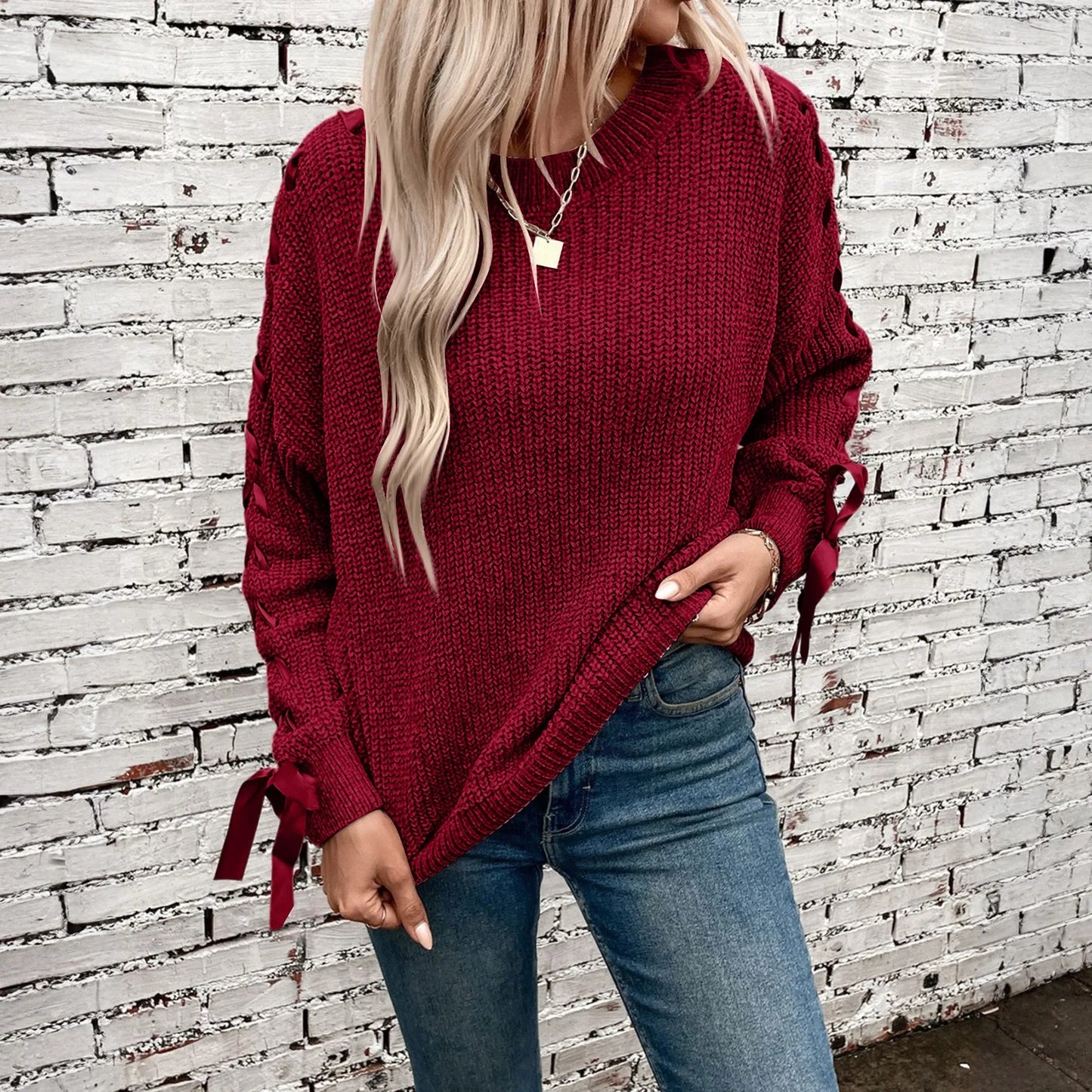 Women'S Fashion Casual Round Neck Long Sleeve Solid Color Lace-Up Bowknot Pullover Loose Women'S Sweater Winter Clothes Woman