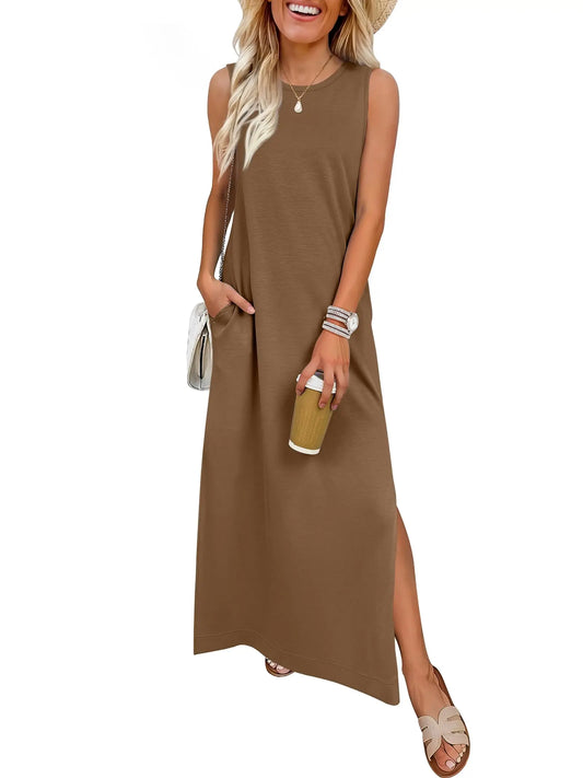 Women Summer Sleeveless Maxi Sundress With Pockets Casual Beach Vacation Dress