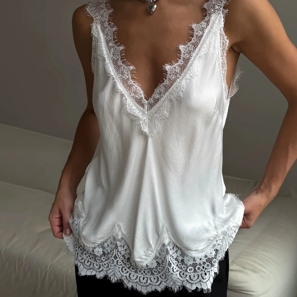 Summer Lace T-Shirt White Fashion Lace Patchwork Sleeveless Casual Tank Top Elegant Streetwear Party New Women'S Camis