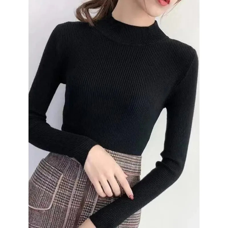 Early Spring, Autumn Winter Mock Neck Women Sweater Vintage Basic Solid Knitted Tops Casual Slim Pullover Korean Sweaters Simple Chic Jumpers