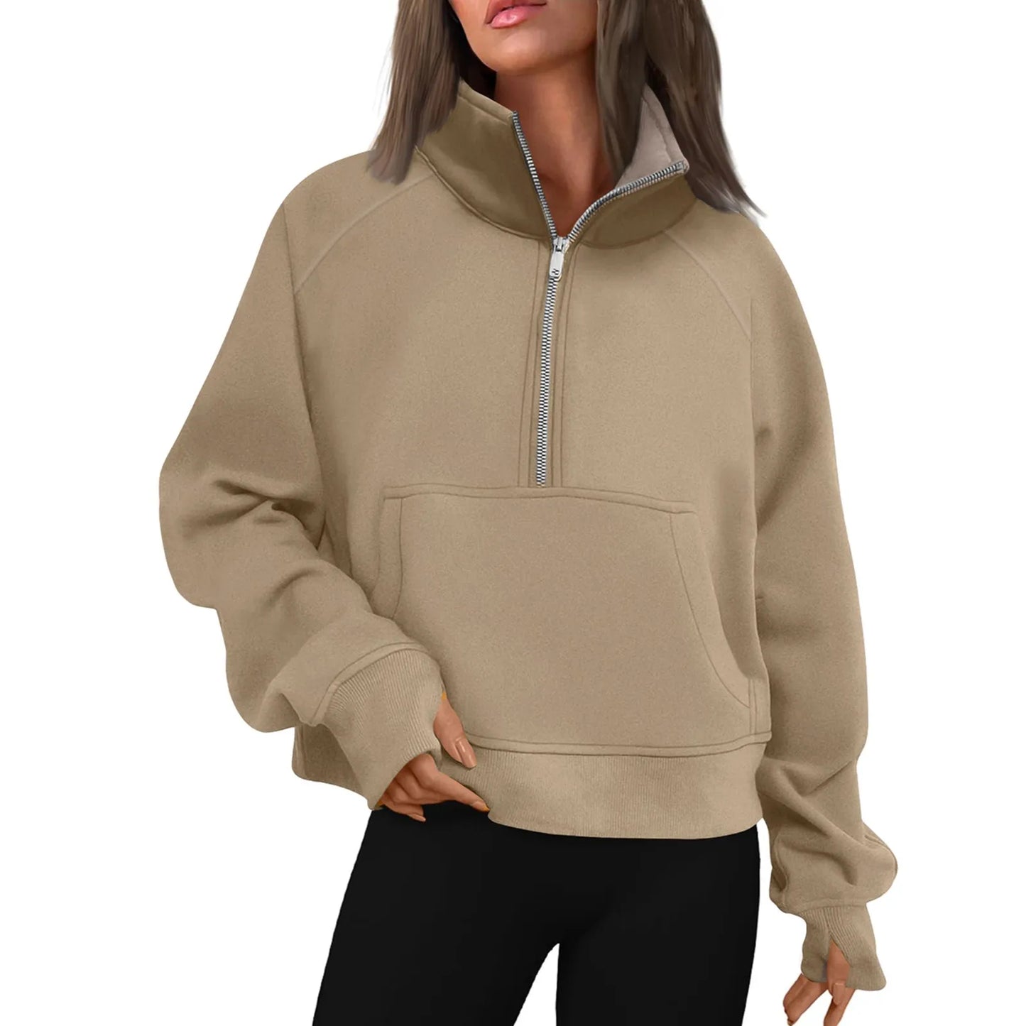 New Women's Hoodies Autumn Winter Stand Collar Plus Fleece Solid Color Sweatshirts Long Sleeve Pocket Loose Half Zip Pullover