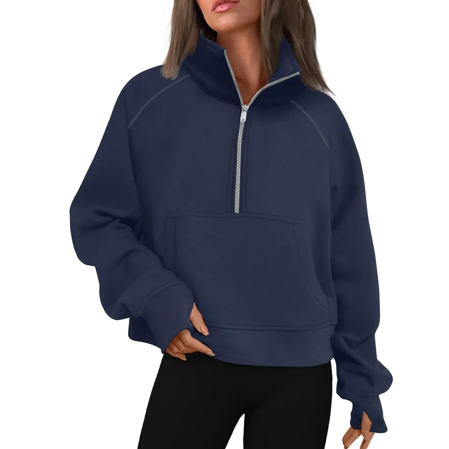 New Women's Hoodies Autumn Winter Stand Collar Plus Fleece Solid Color Sweatshirts Long Sleeve Pocket Loose Half Zip Pullover