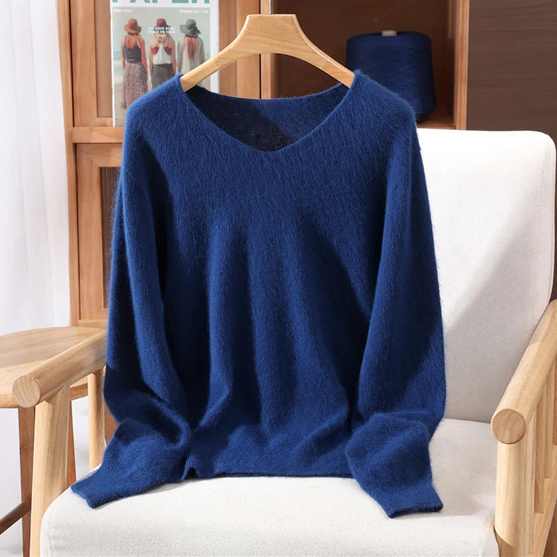 Fall/Winter Fashion Mink Cashmere Women's V-neck Pullover Bottom Shirt Slim Knitted Sweater Short Plus Size