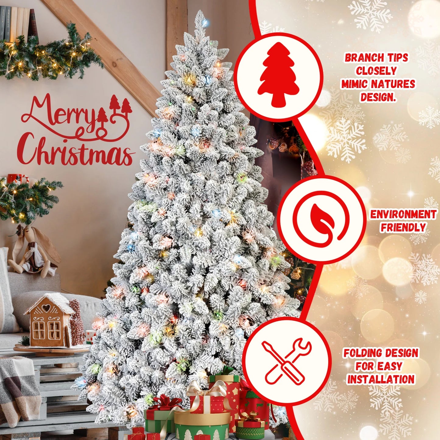 Makeatree 6/7ft Pre-Lit Snow Flocked PVC Mixed Artificial Christmas Tree with Multi-Colored Lights Bodied Xmas Tree for Holiday