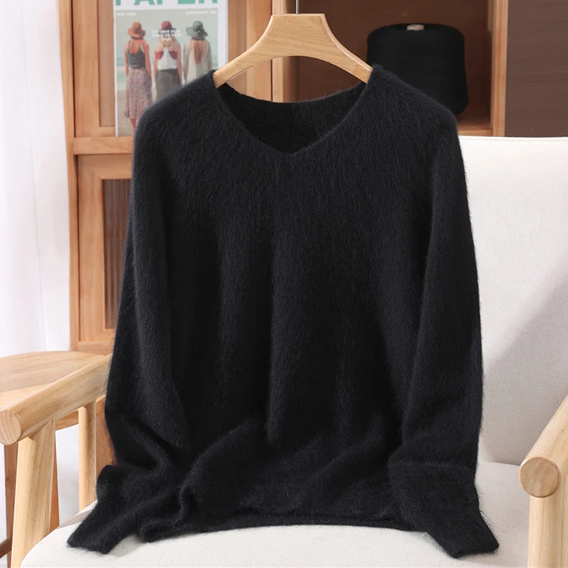 Fall/Winter Fashion Mink Cashmere Women's V-neck Pullover Bottom Shirt Slim Knitted Sweater Short Plus Size
