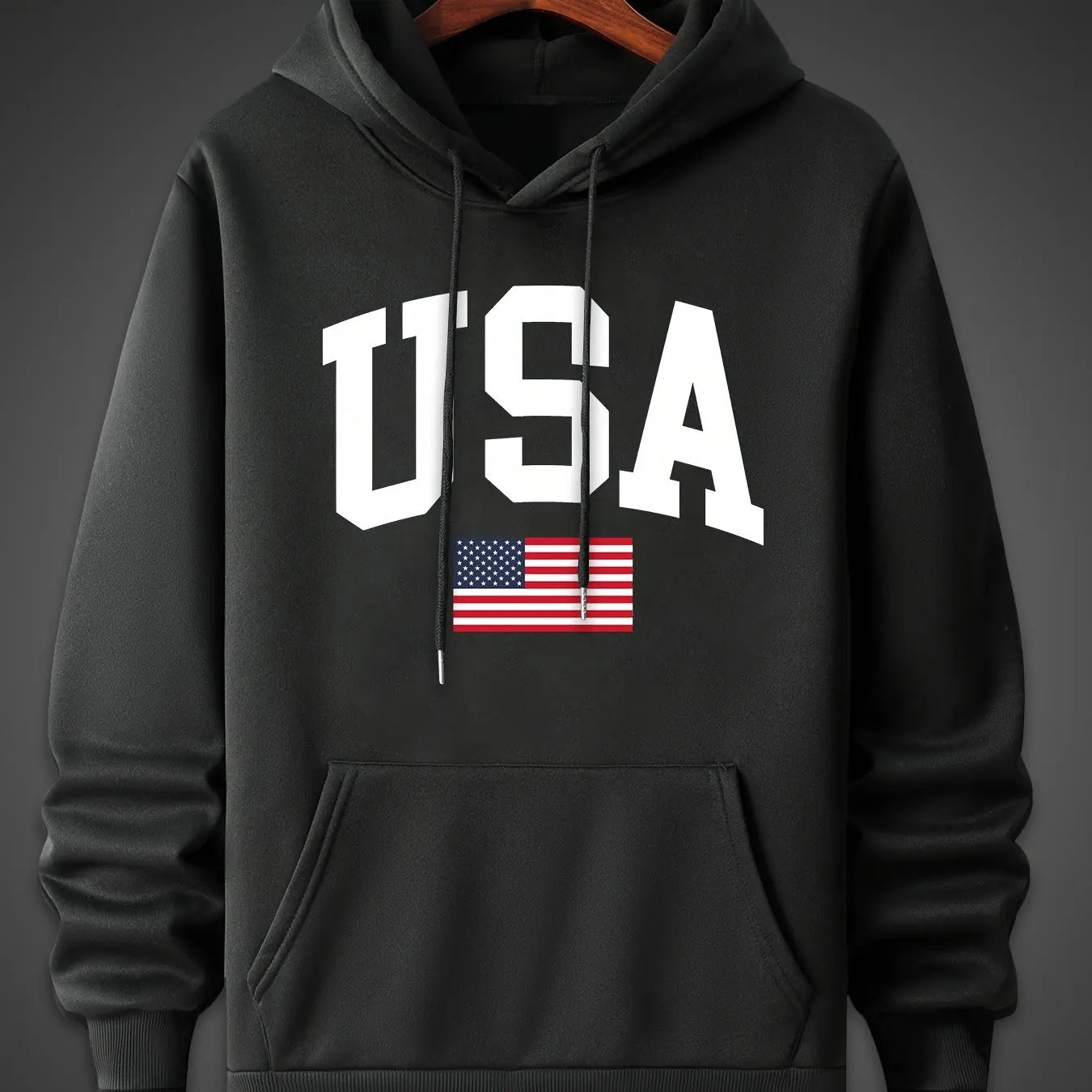 Men's autumn and winter fashionable casual loose oversized USA flag print fleece pullover hooded long sleeved sweatshirt