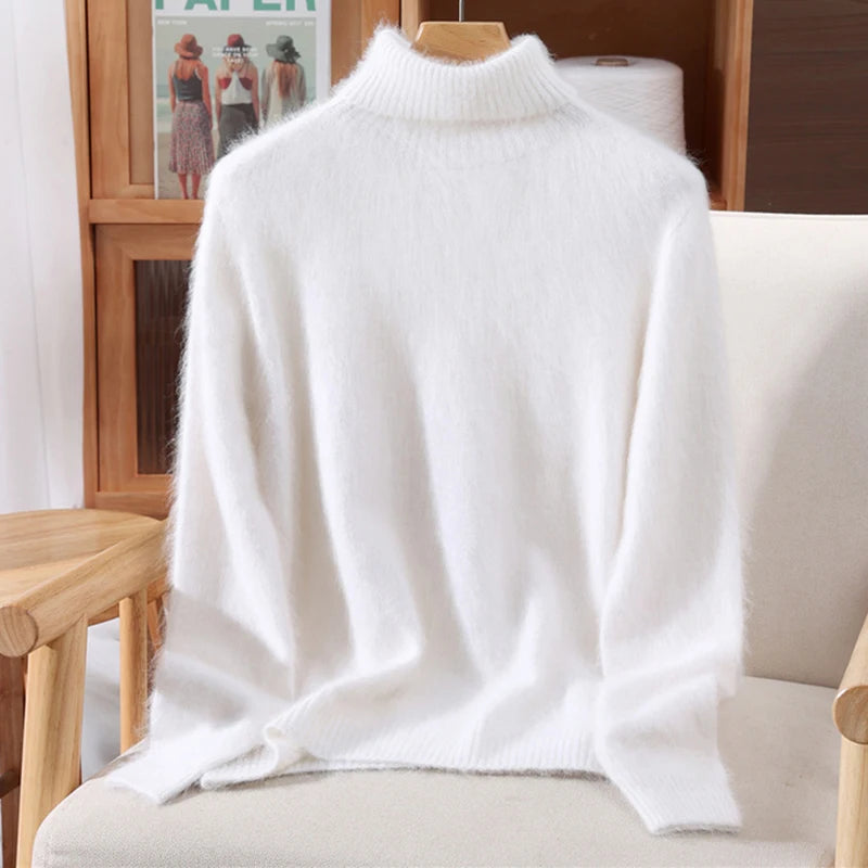 High End Mink Fur Sweater, Women's Solid Color High Collar Pullover, Cashmere Warm Sweater, Knitted Base Sweater, Autumn Winter