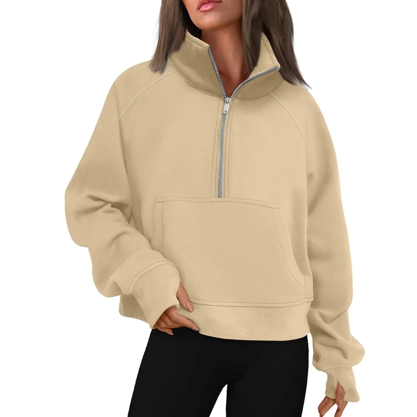 New Women's Hoodies Autumn Winter Stand Collar Plus Fleece Solid Color Sweatshirts Long Sleeve Pocket Loose Half Zip Pullover