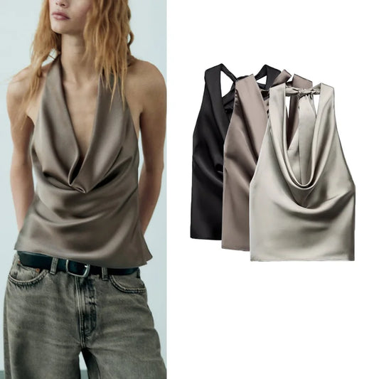 Spring New Sexy  Knot Small Silk Satin Hanging Neck Collar Top Polyester Fiber 00%