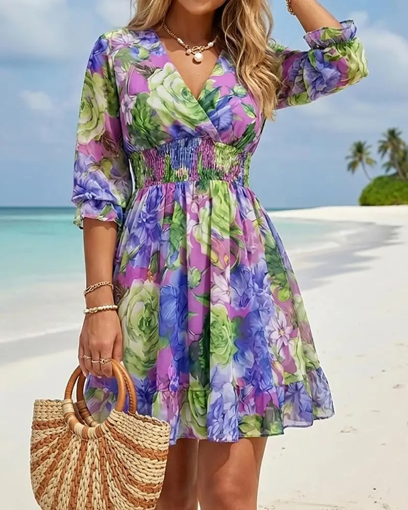 Women Floral Wrap Dress V-Neck High Waist Short Layered Summer Casual Beach Guest Dress