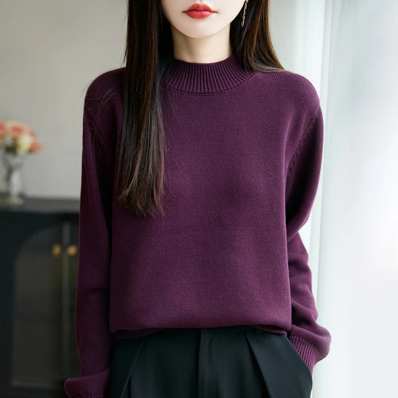 100% Pure Cotton Women's Knitted Sweater Solid Color Round Neck Pullover Loose Cotton Sweater Autumn and Winter New Women's Top