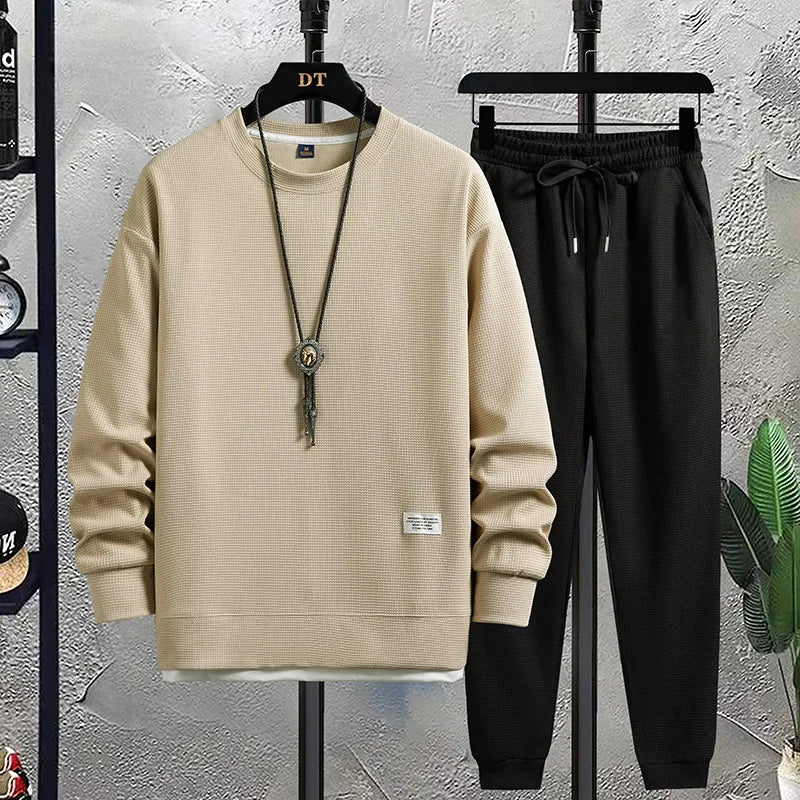 2026 Spring and Autumn New Men's Fashion Brand Round Neck Waffle Set Casual and Handsome Sports Two Piece Set