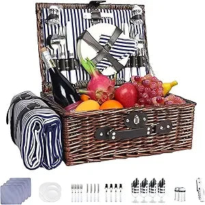 Wicker Picnic Basket for 4 with Insulated Cooler & Waterproof Blanket – Large Willow Picnic Hamper for Outdoor, Camping, Beach,