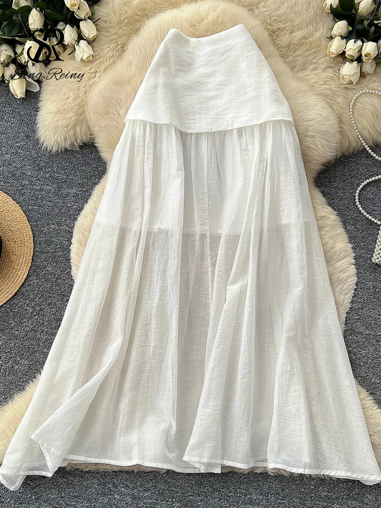 Simple Lazy Linen Skirt Summer 2026 Ladies Elegant Solid Patchwork A-line Commuting Low Rise Long Skirt