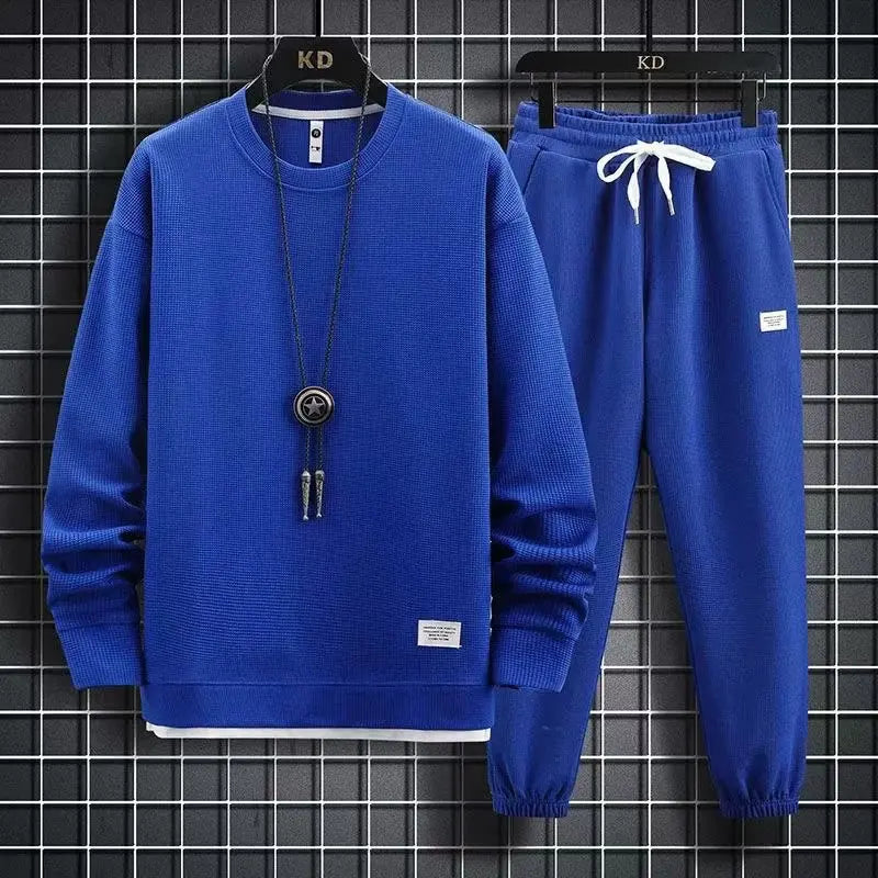 Men's Casual Sportswear Long Sleeve T-Shirt And Pants Set Spring, Autumn/Winter Cotton Plaid Fashionable Youth Outfit Long Pants