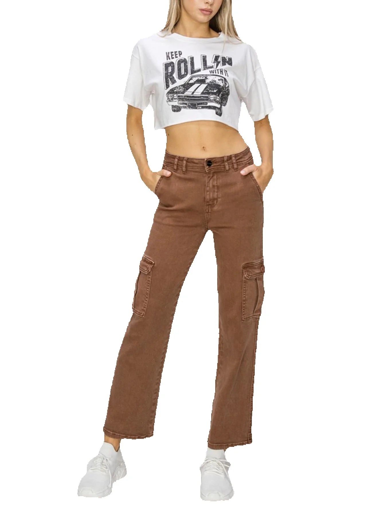 Women’s Casual Cargo Jeans High-Waisted Cargo Cropped Pants Espresso with Wide Leg and Utility Pockets Cropped Length Button an