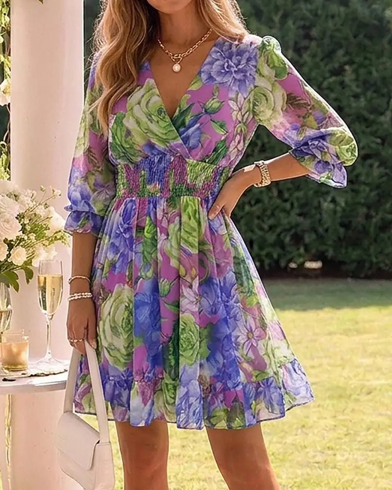 Women Floral Wrap Dress V-Neck High Waist Short Layered Summer Casual Beach Guest Dress
