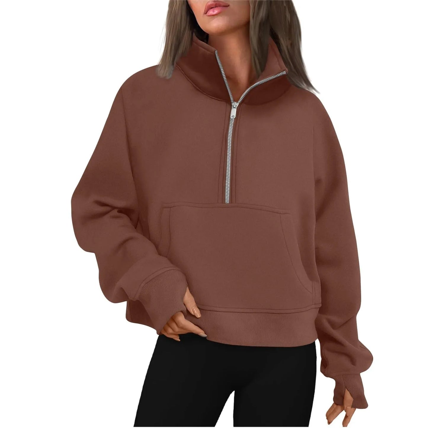 New Women's Hoodies Autumn Winter Stand Collar Plus Fleece Solid Color Sweatshirts Long Sleeve Pocket Loose Half Zip Pullover
