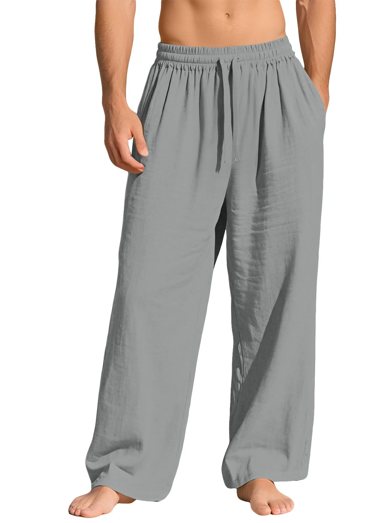 Men's Beige Linen Pants Casual Pants Summer Loose Fit Elastic Waist Straight Leg Pants Lightweight Casual Home Lounge Wear