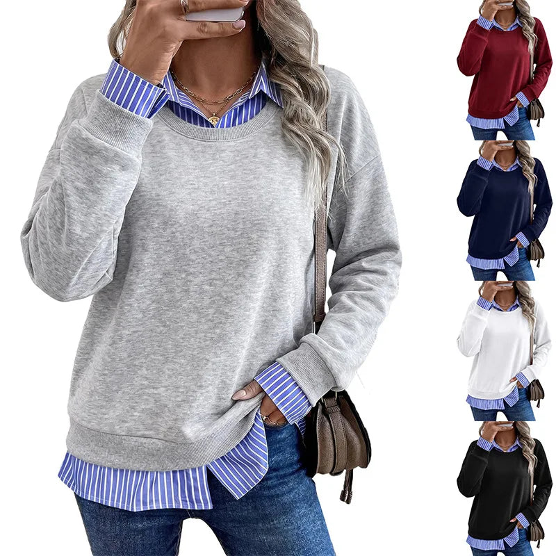 Women's Casual Fake Two Piece Sweatshirt Contrast Collar Striped Patchwork Long Sleeve Crewneck Pullover Top Spring, Autumn, Winter