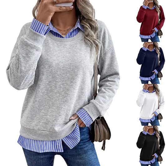 Women's Casual Fake Two Piece Sweatshirt Contrast Collar Striped Patchwork Long Sleeve Crewneck Pullover Top Spring, Autumn, Winter