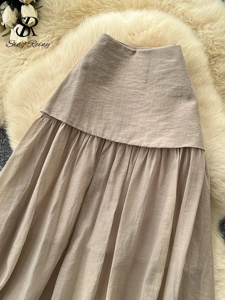 Simple Lazy Linen Skirt Summer 2026 Ladies Elegant Solid Patchwork A-line Commuting Low Rise Long Skirt