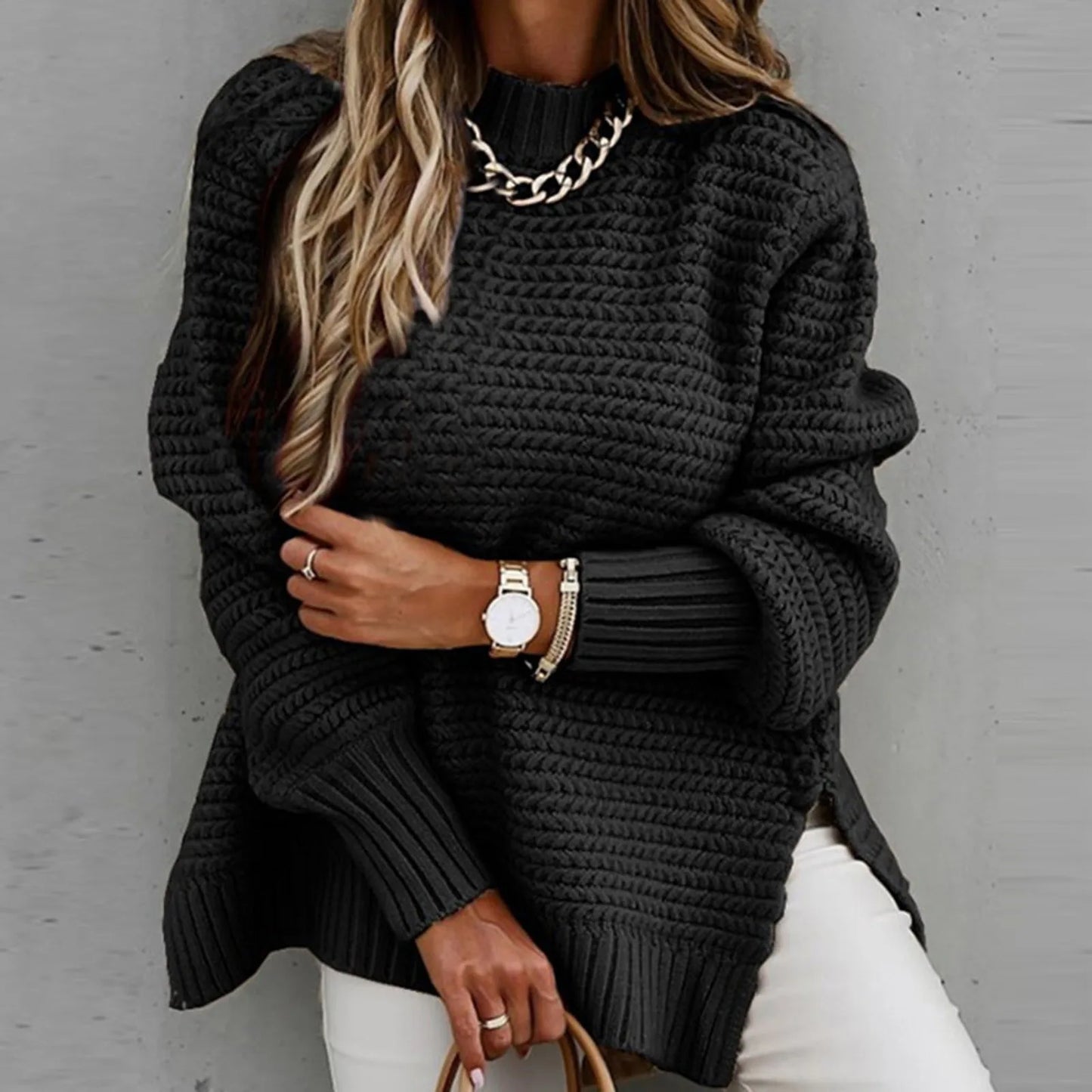 Ladies Long Sleeve Coarse Knit Sweaters Fashion One Knit Tops Sweet Style Irregular Acrylic Blend Long Sleeve Mid-Length