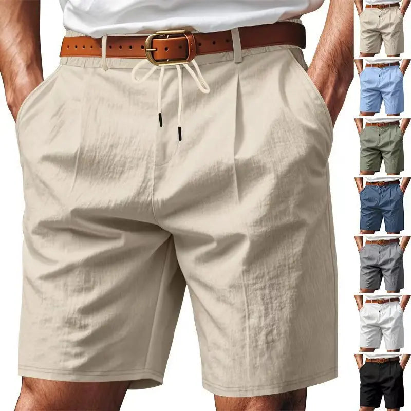 Men's Linen Feel Shorts Pleated Front Drawstring Waist Casual Summer Beach Pants Lightweight Vacation Bottoms with Belt Loops