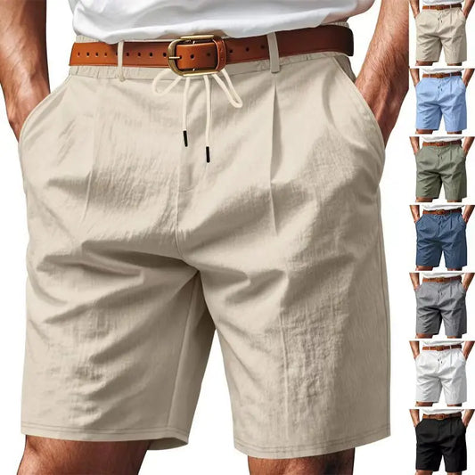 Men's Linen Feel Shorts Pleated Front Drawstring Waist Casual Summer Beach Pants Lightweight Vacation Bottoms with Belt Loops