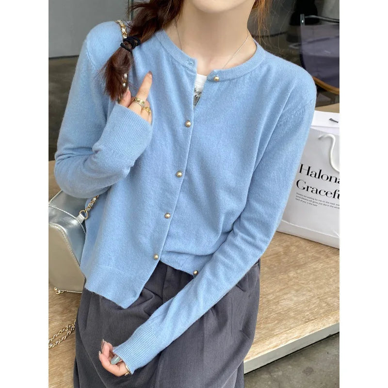O Neck Basic Knitted Cardigan Women Spring Autumn Long Sleeve Button Solid Soft Sweater Korean Style Short Knitwear Tops Female