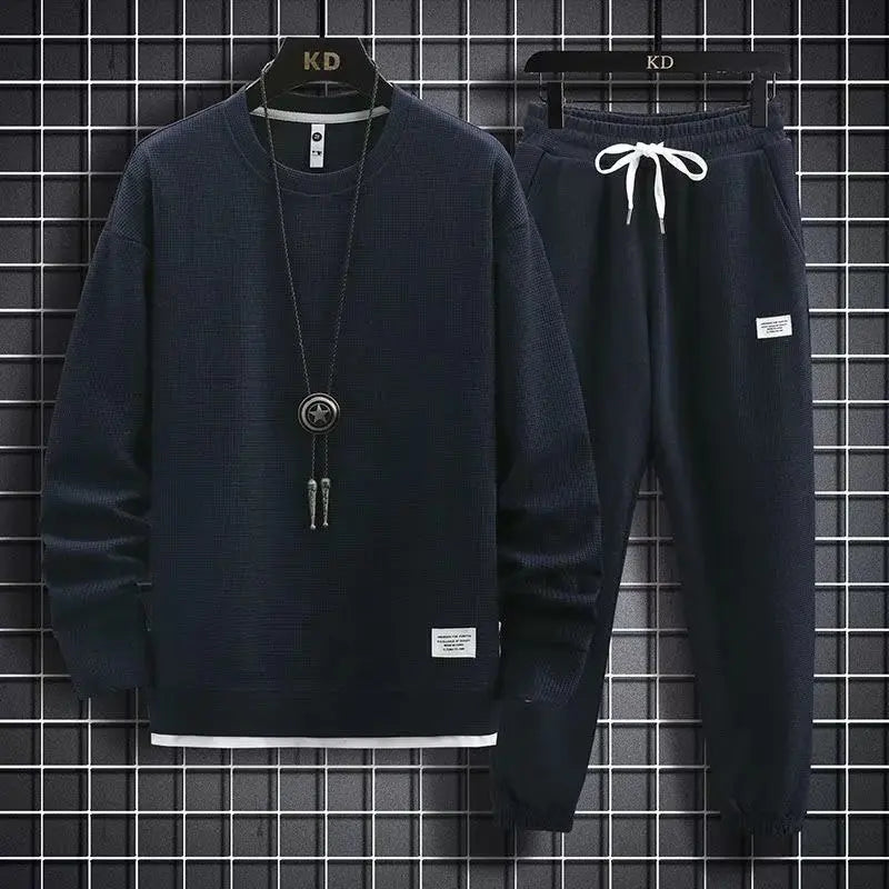 Men's Casual Sportswear Long Sleeve T-Shirt And Pants Set Spring, Autumn/Winter Cotton Plaid Fashionable Youth Outfit Long Pants
