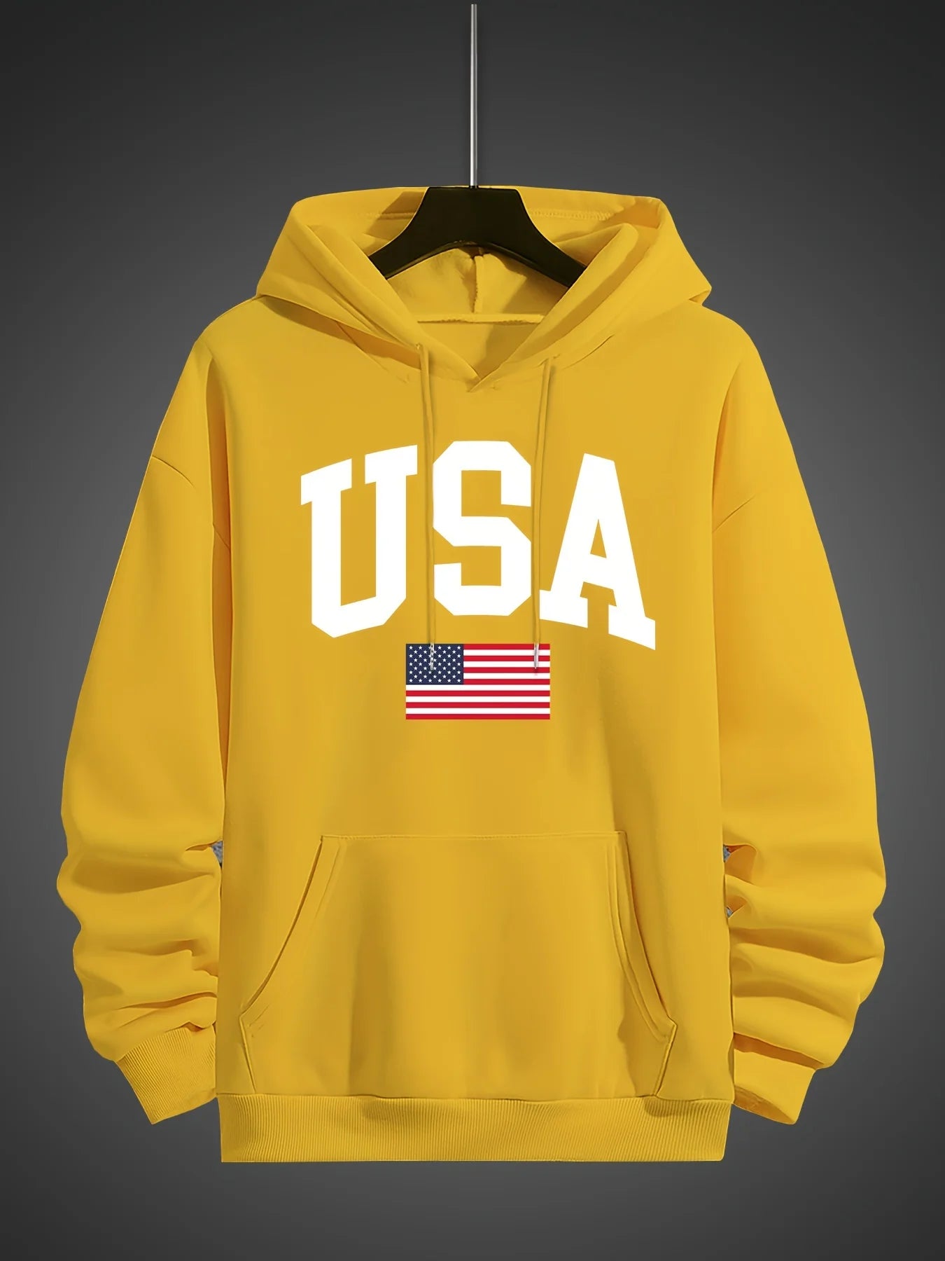 Men's autumn and winter fashionable casual loose oversized USA flag print fleece pullover hooded long sleeved sweatshirt