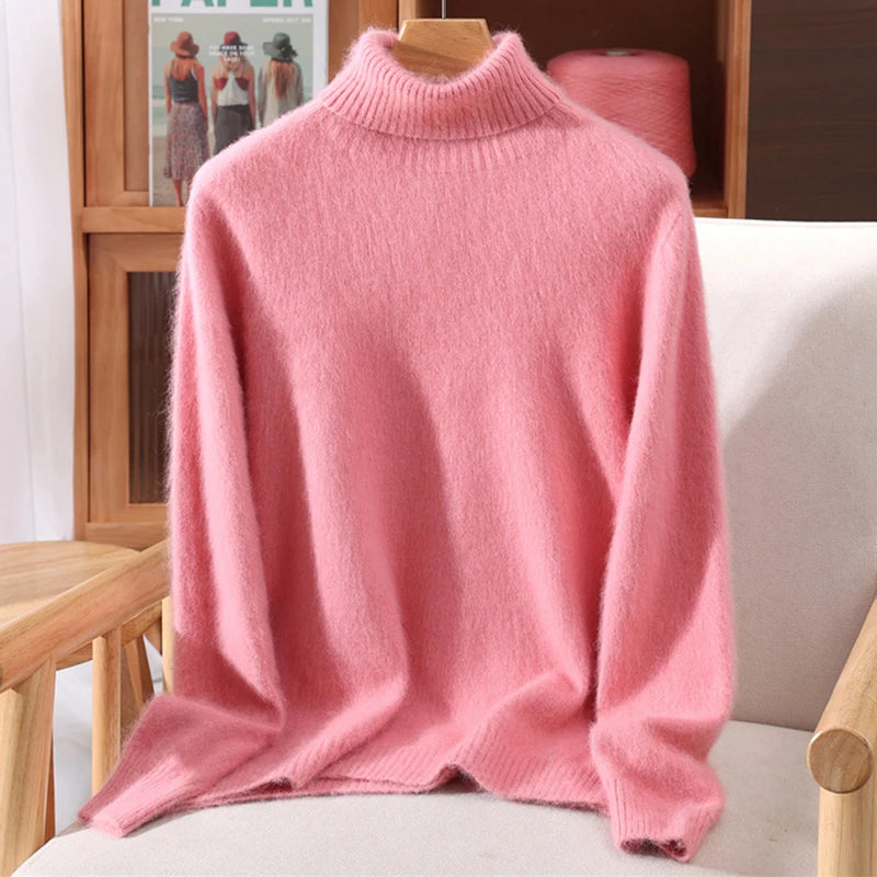 High End Mink Fur Sweater, Women's Solid Color High Collar Pullover, Cashmere Warm Sweater, Knitted Base Sweater, Autumn Winter